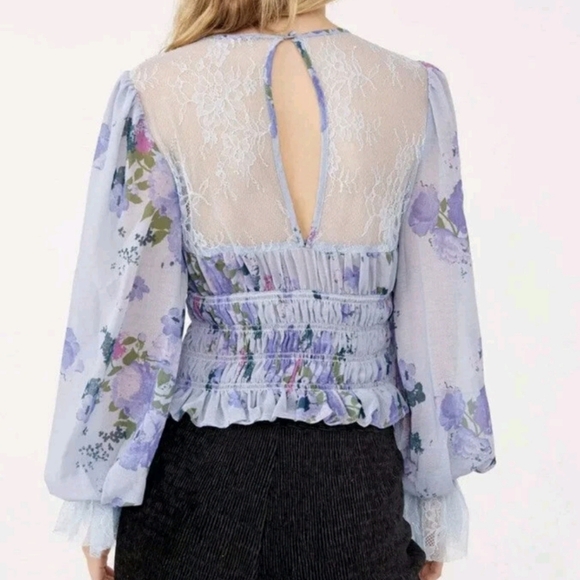 Free People, Daphne Blue Floral Lace Blouson Sleeve Smocked Blouse, SZ Large - Picture 4 of 14